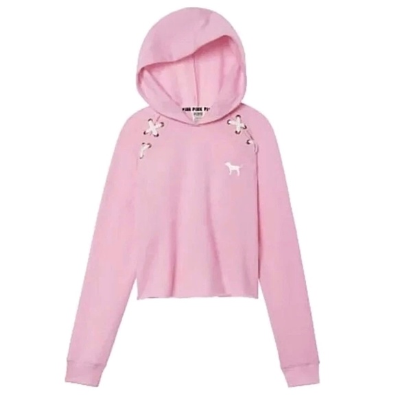 PINK Victoria’s Secret Dog Logo Lace Up Hoodie Size L Pink Cropped Pullover - Picture 1 of 12